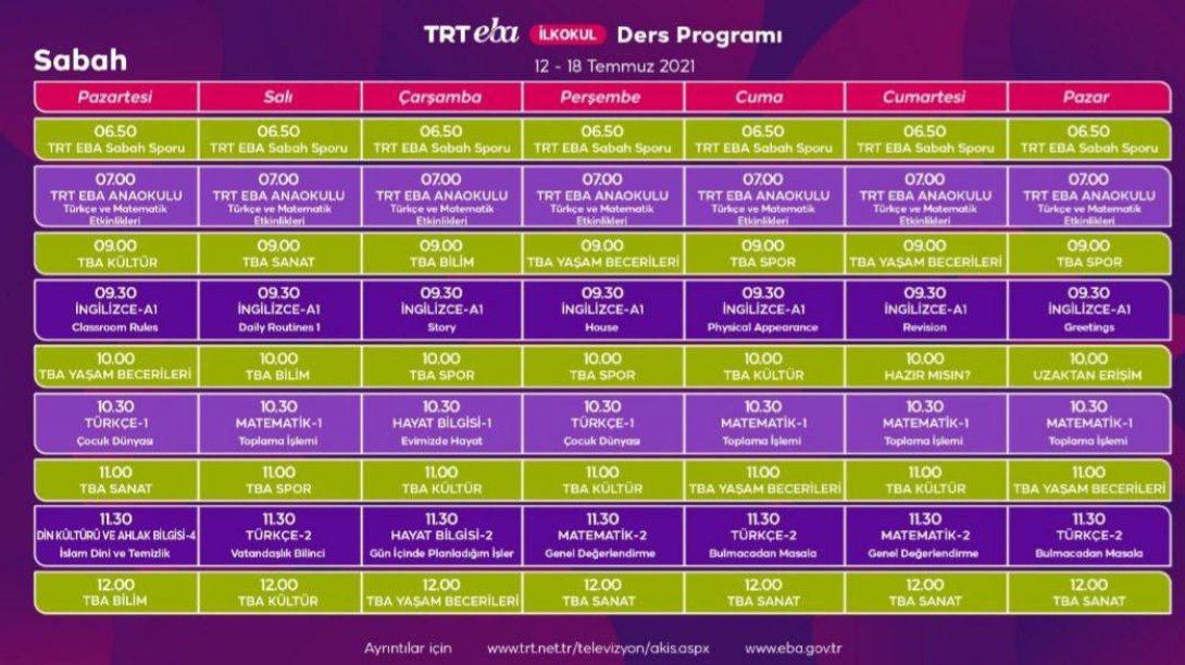 TRT EBA TV'de Yeni Haftanın Yaz Okulu Programı Yayınlandı (12 - 18 Temmuz 2021)