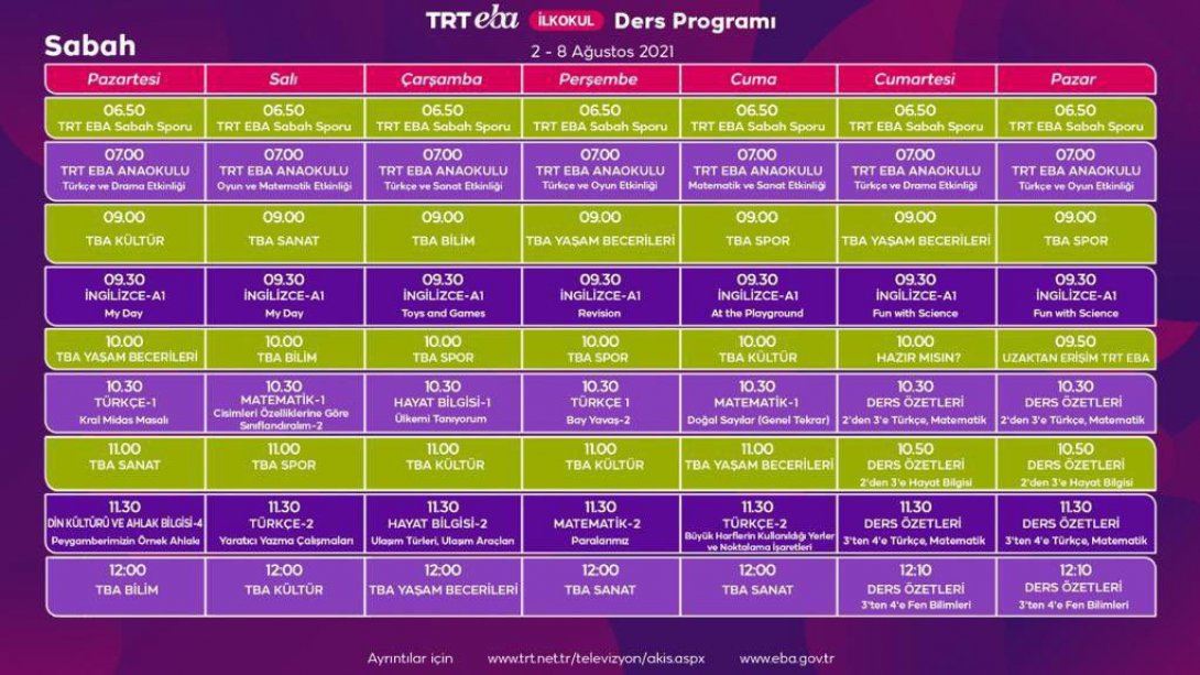 TRT EBA TV'de Yeni Haftanın Yaz Okulu Programı Yayınlandı (02 - 08 Ağustos 2021)
